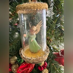 Handmade Vintage Angel Christmas Ornament in a Jar Green Trim Color Beads Kitsch